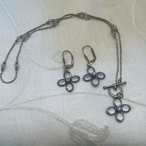 Vintage BLUE Crystal Flower Necklace Dangle and Pierced Earrings